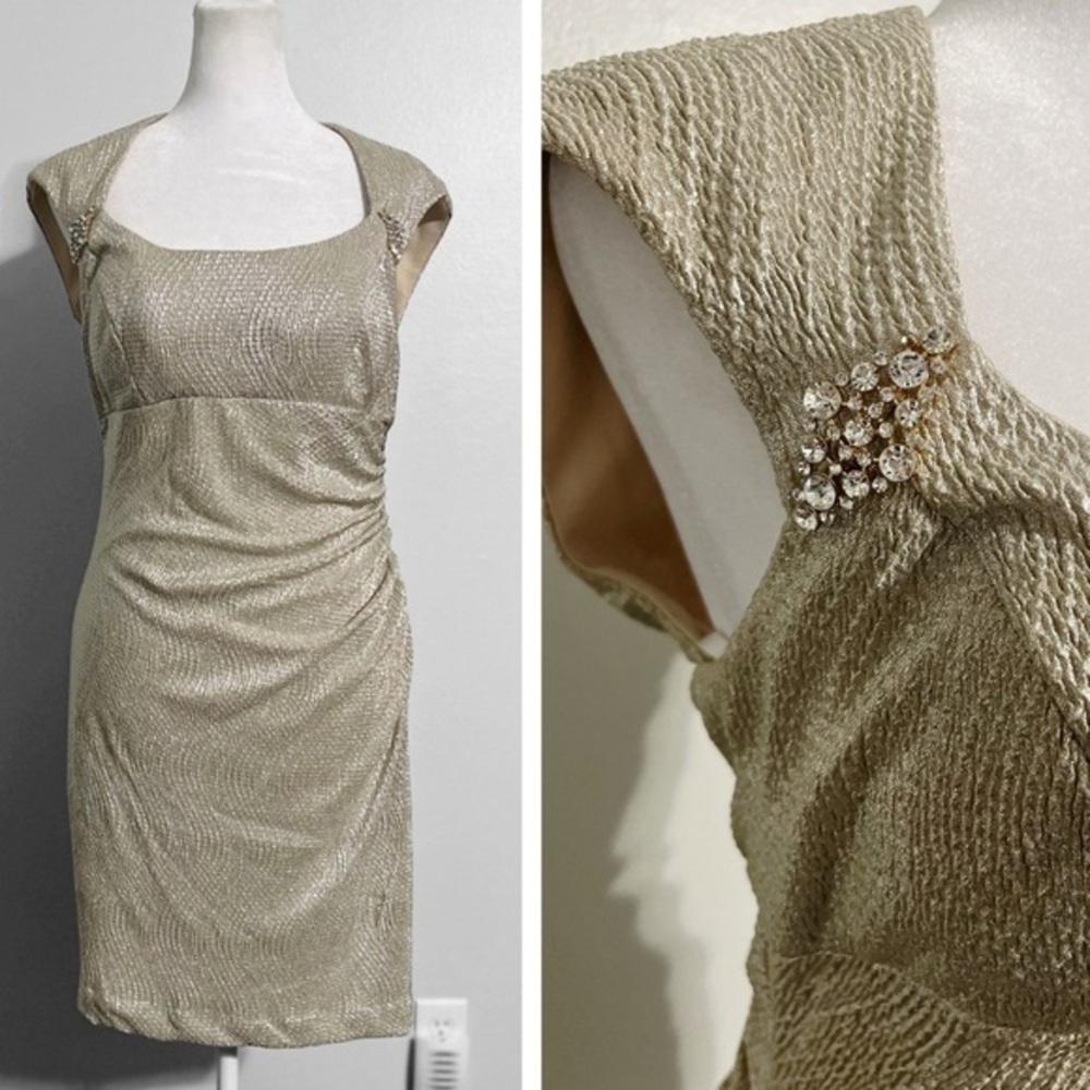 Xscape Gold Formal Cocktail Party Mini Dress with rhinestone accents